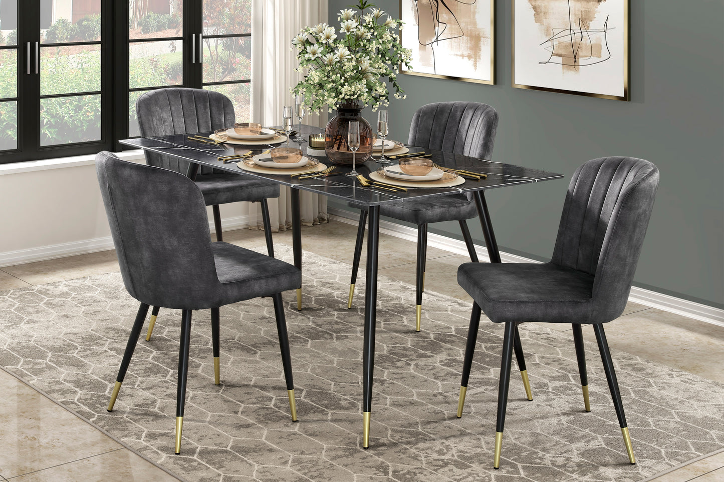 Dark gray velvet dining chair with channel tufting and goldtipped black legs