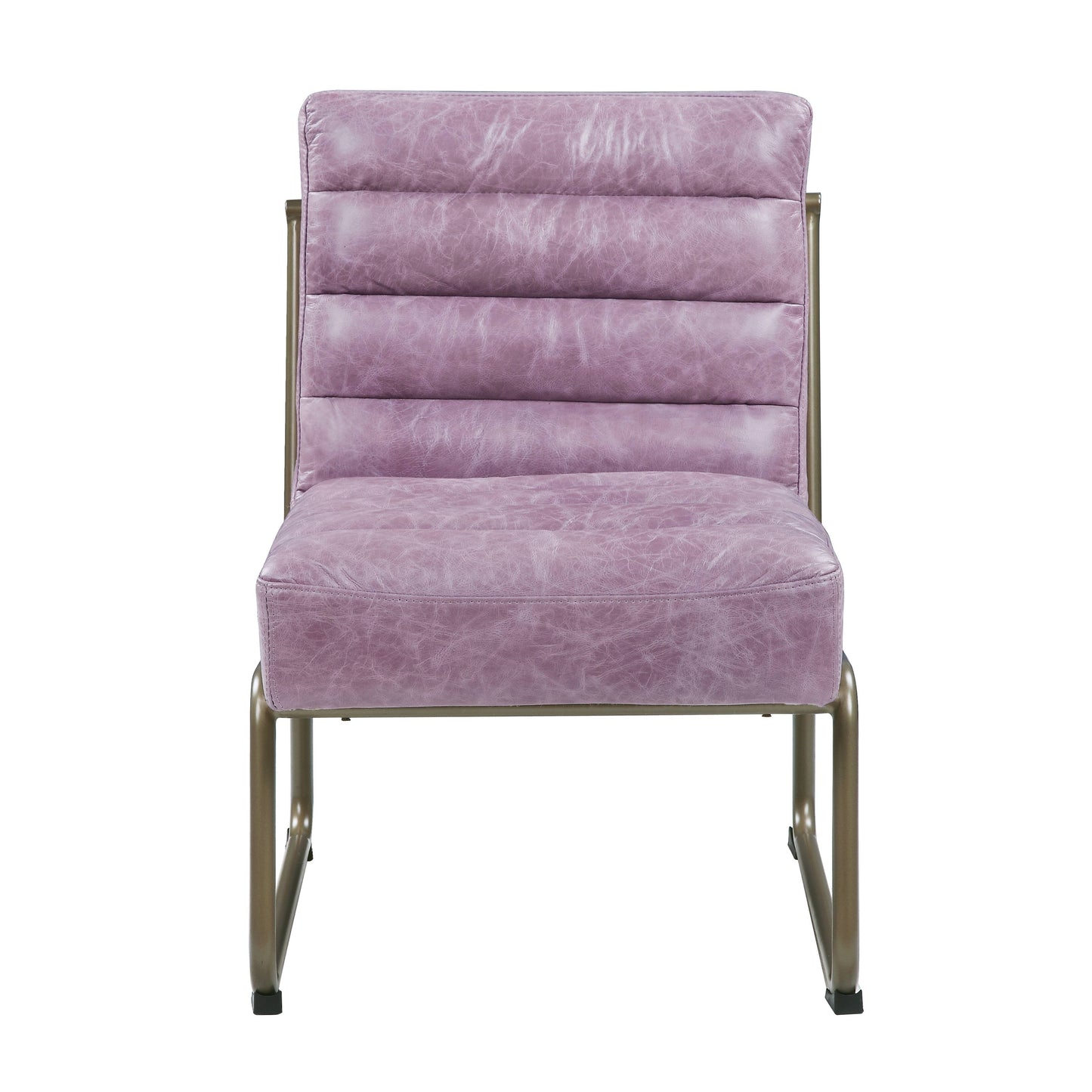 Modern accent chair in distressed lavender faux leather with horizontal tufting and a matte gold metal frame