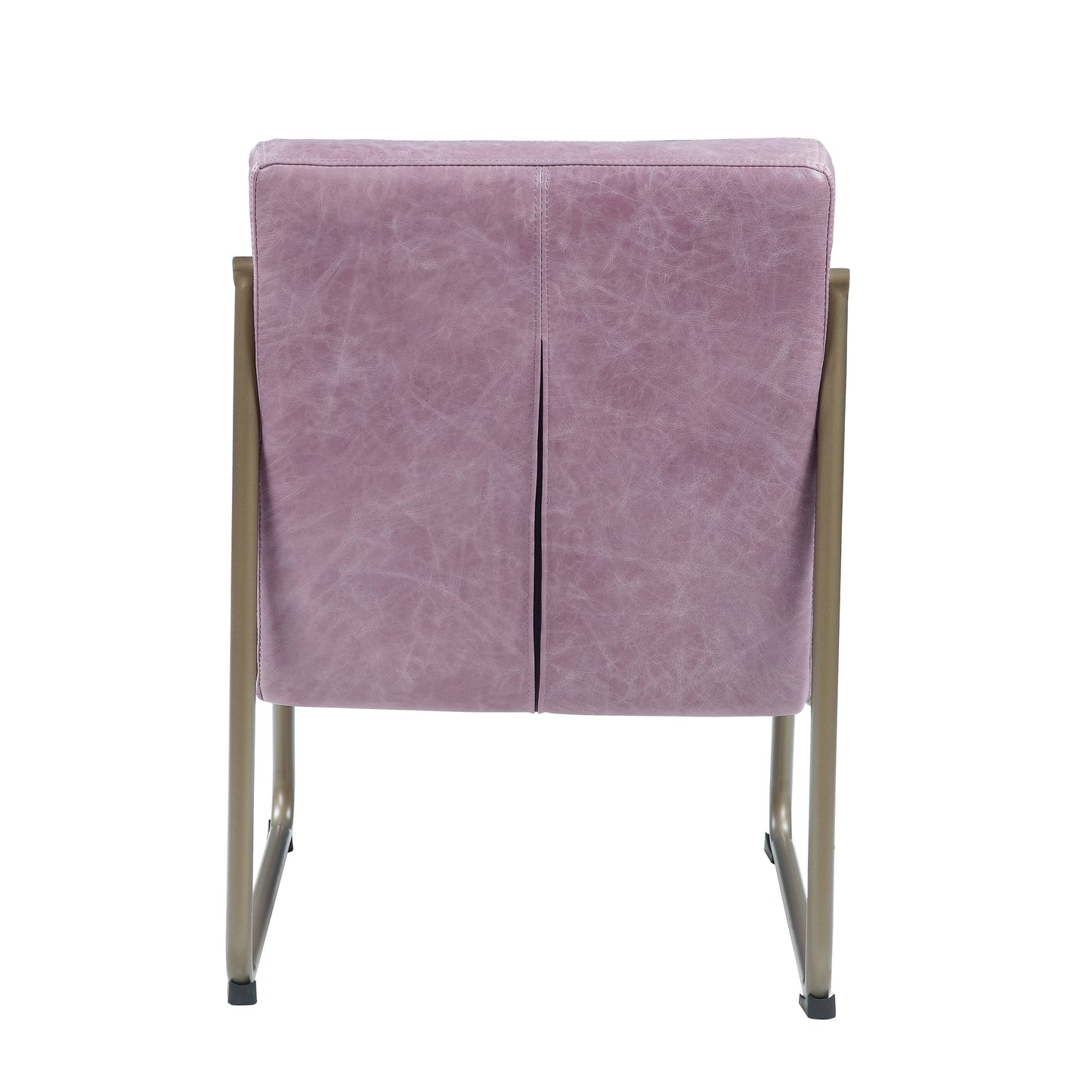 Pale pink faux leather dining chair with gold metal legs back view