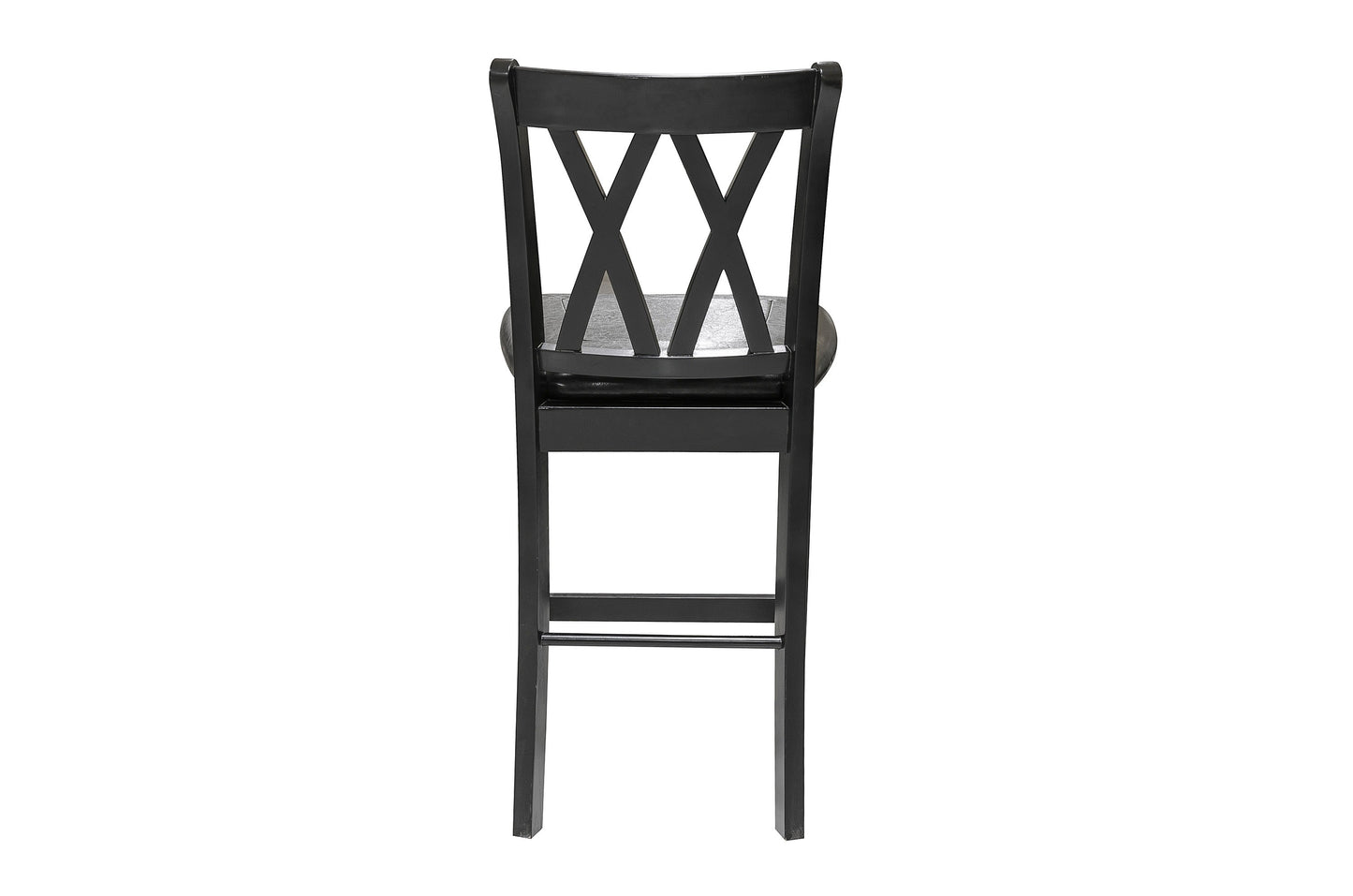 Back view of a black wooden bar stool with Xback design and cushioned seat
