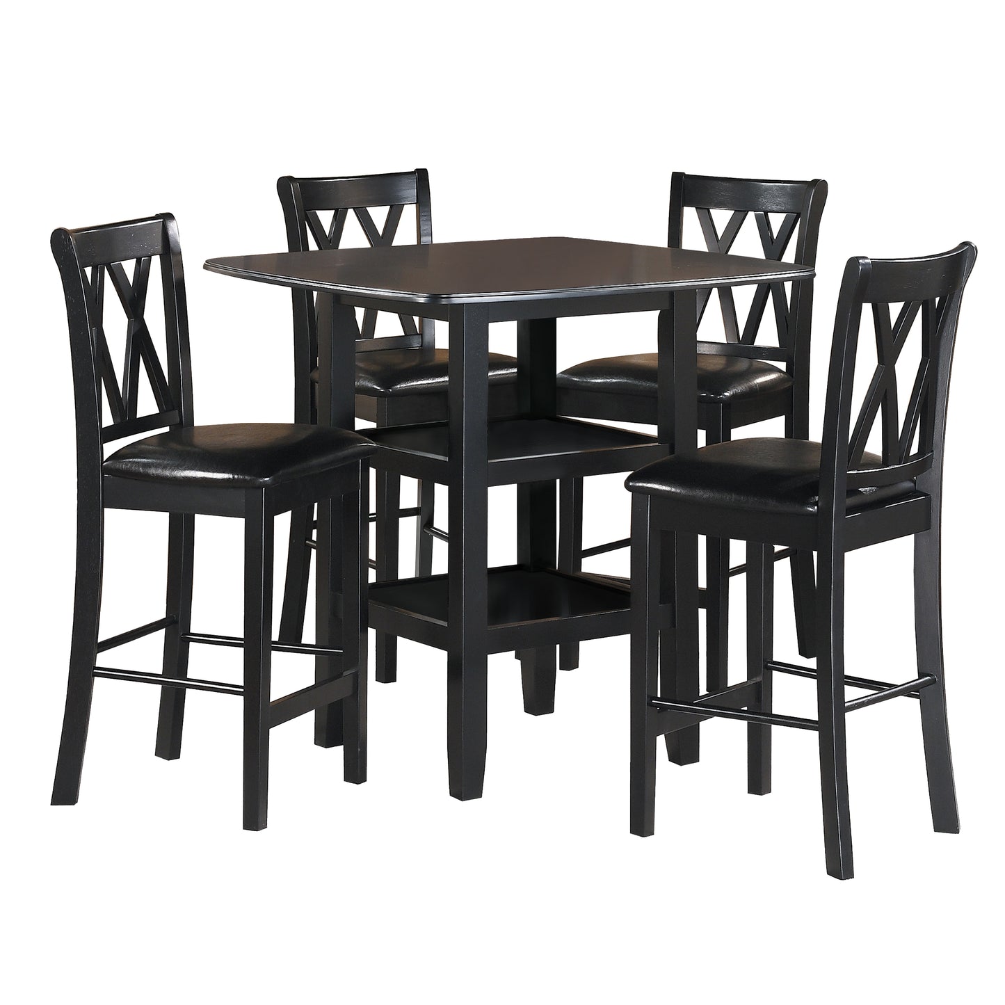 Black wooden counter height dining set with four upholstered chairs and a square table
