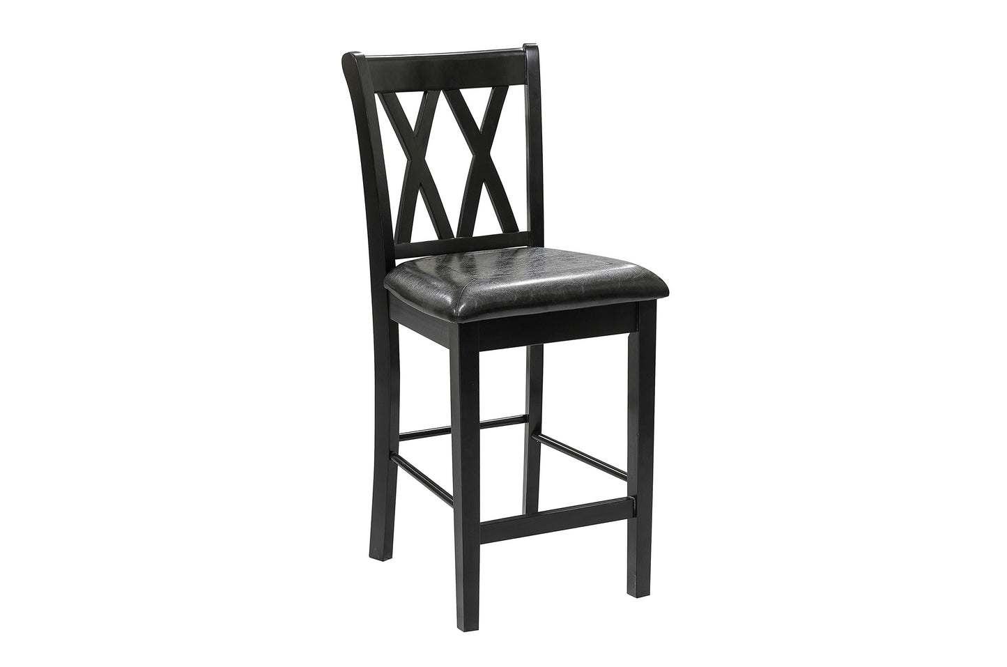 Black wooden bar stool with a textured gray faux leather seat and crisscross back