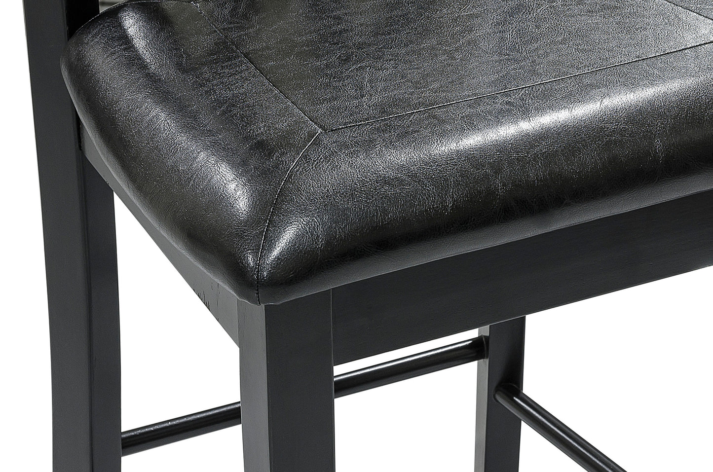 Black faux leather cushioned seat with stitched detailing on a dark wood bar stool
