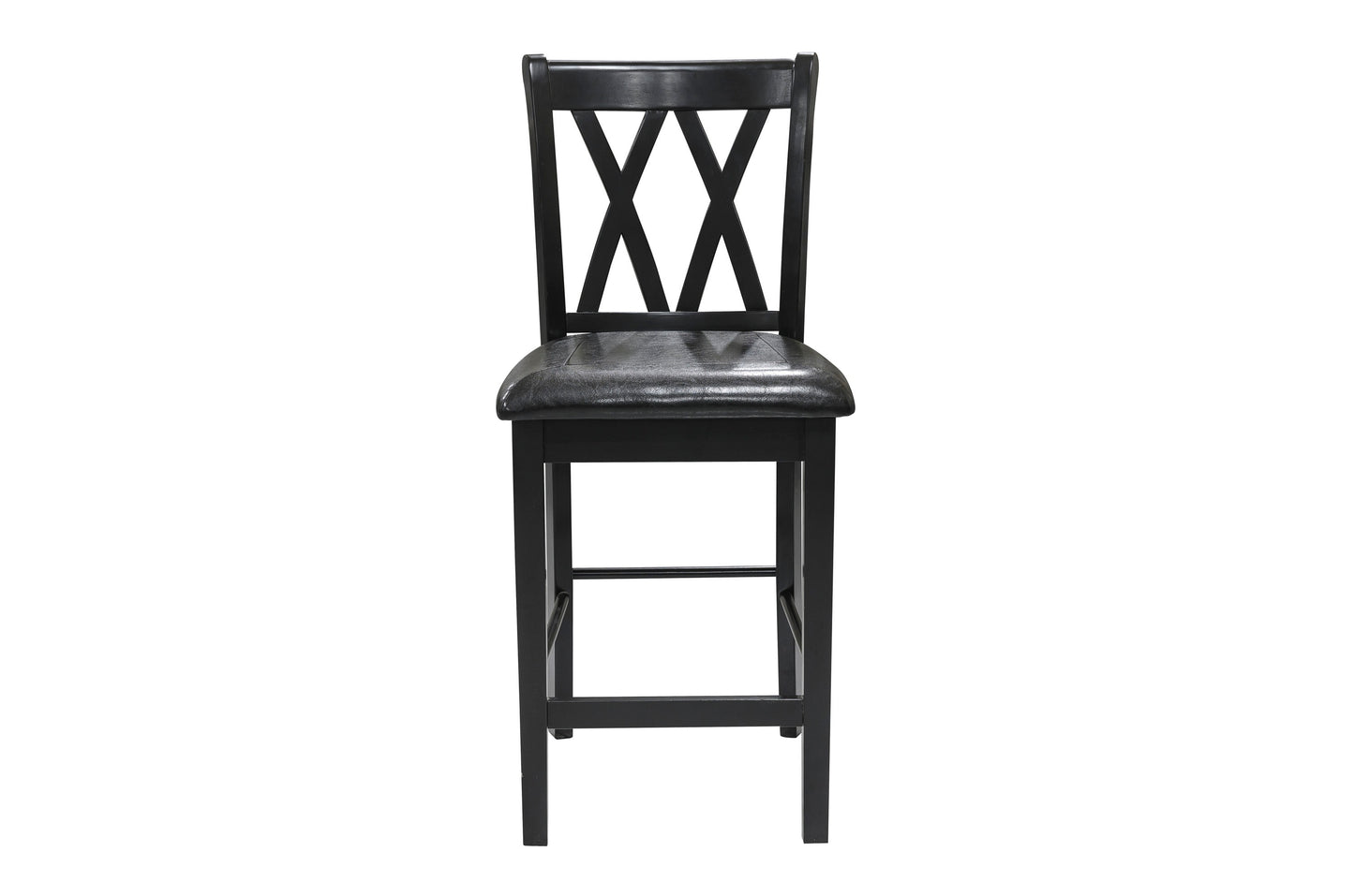 Black wooden bar stool with distressed leather seat and Xback detail
