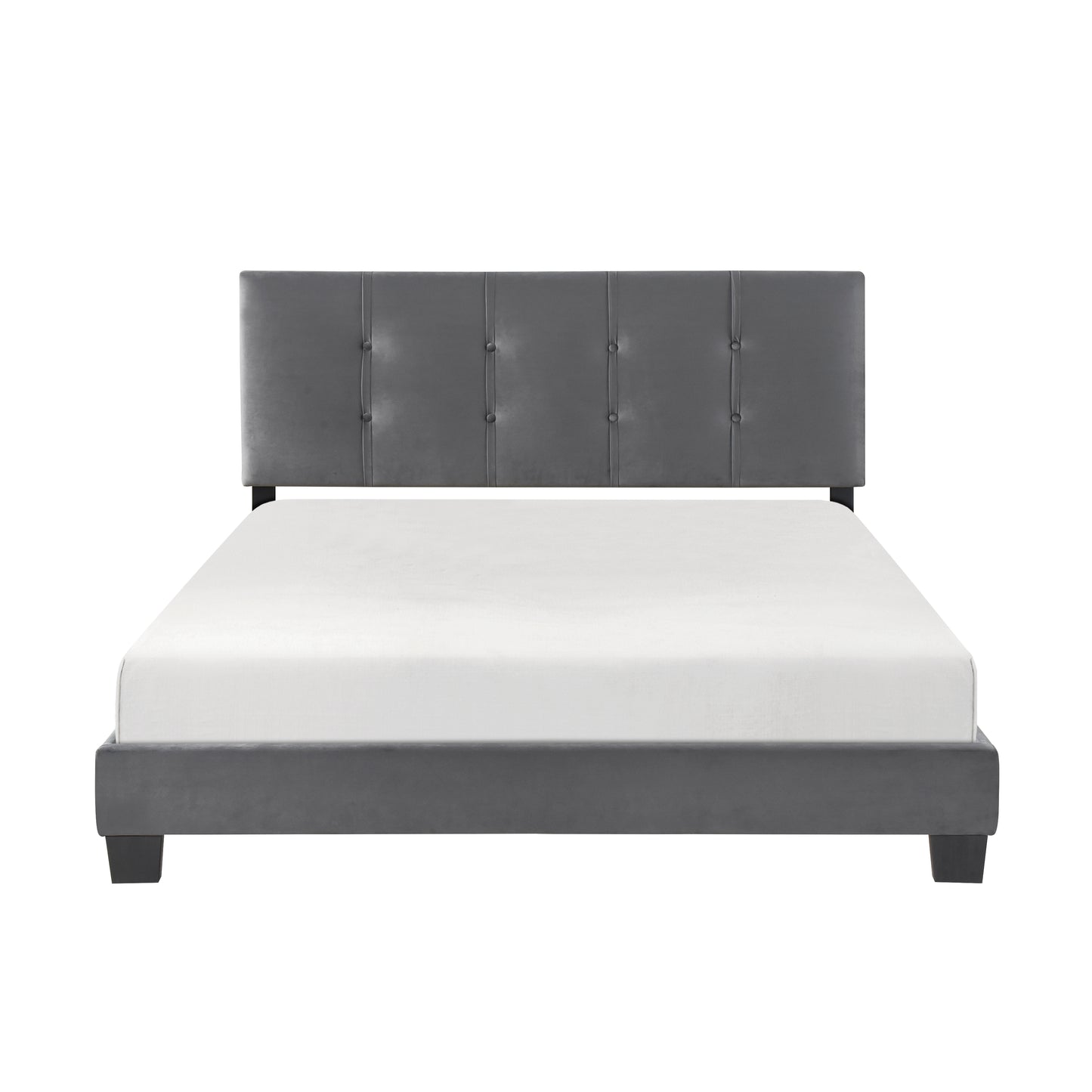 Modern grey velvet tufted headboard bed frame with white mattress