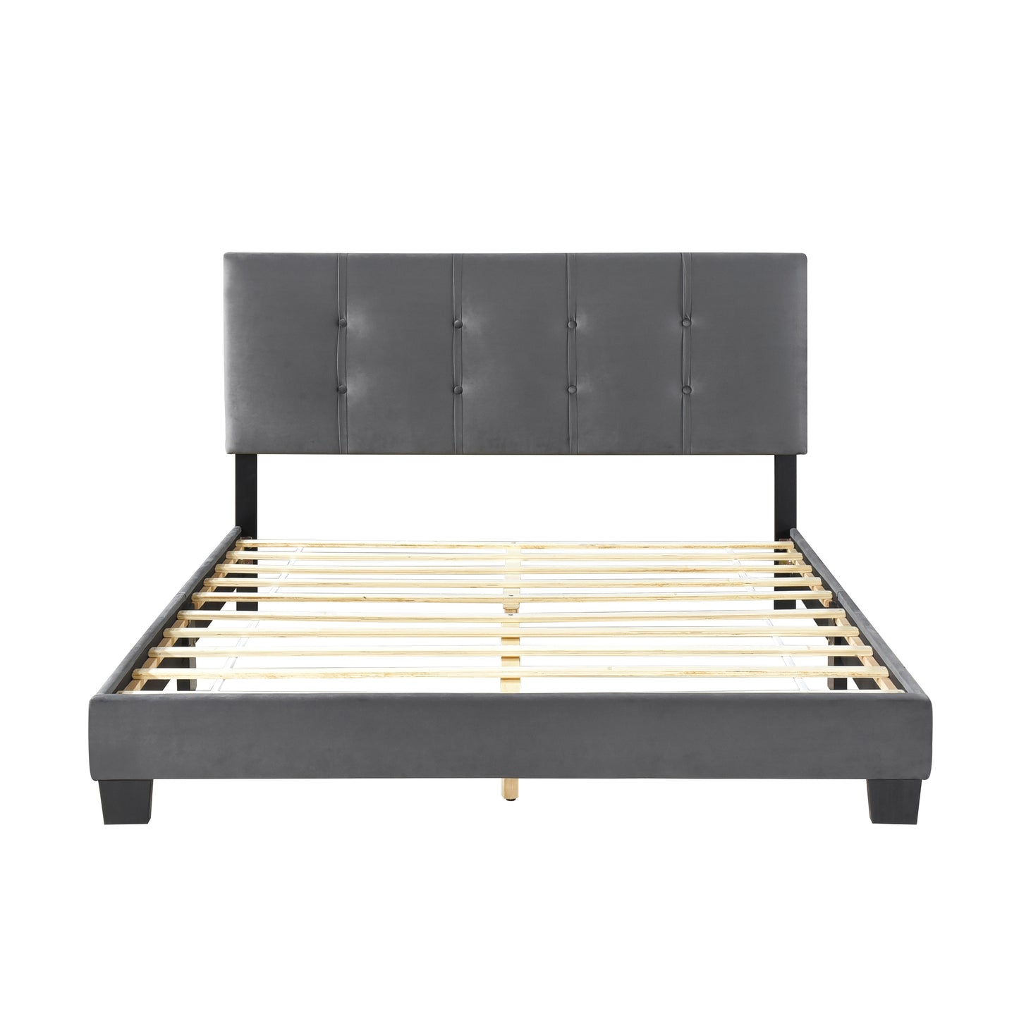 Tufted gray upholstered platform bed frame with wooden slats and black legs