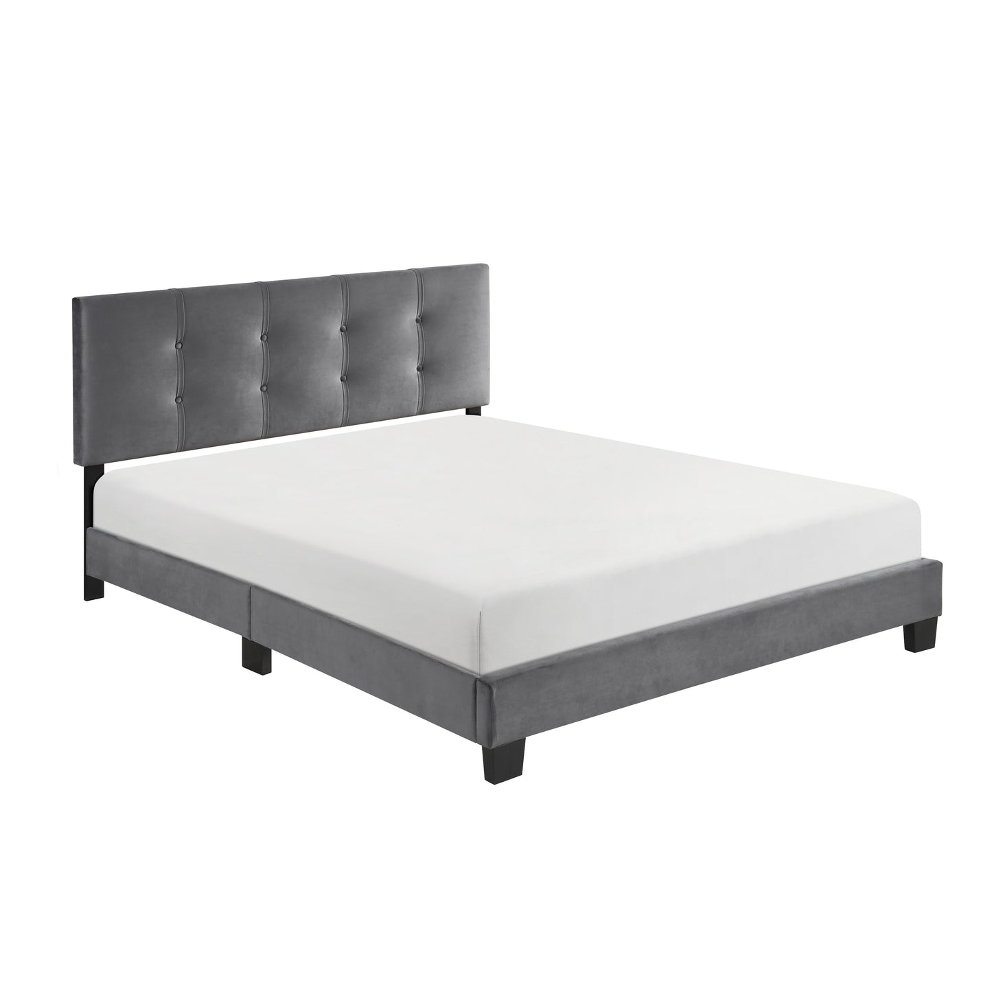 Tufted grey velvet bed frame with a modern design and wooden legs queen size