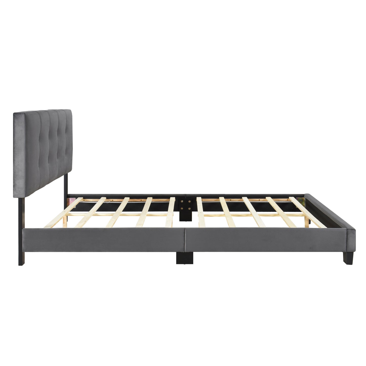 Grey velvet upholstered bed frame with tufted headboard and wood slats