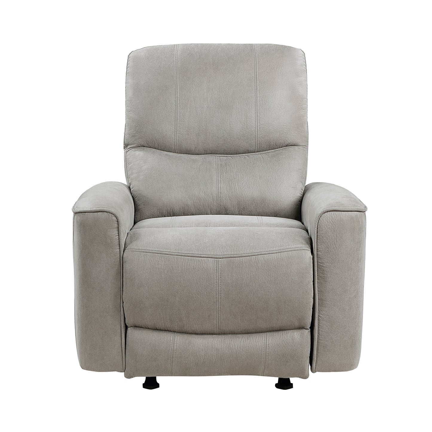 Gray fabric recliner chair with padded armrests and headrest