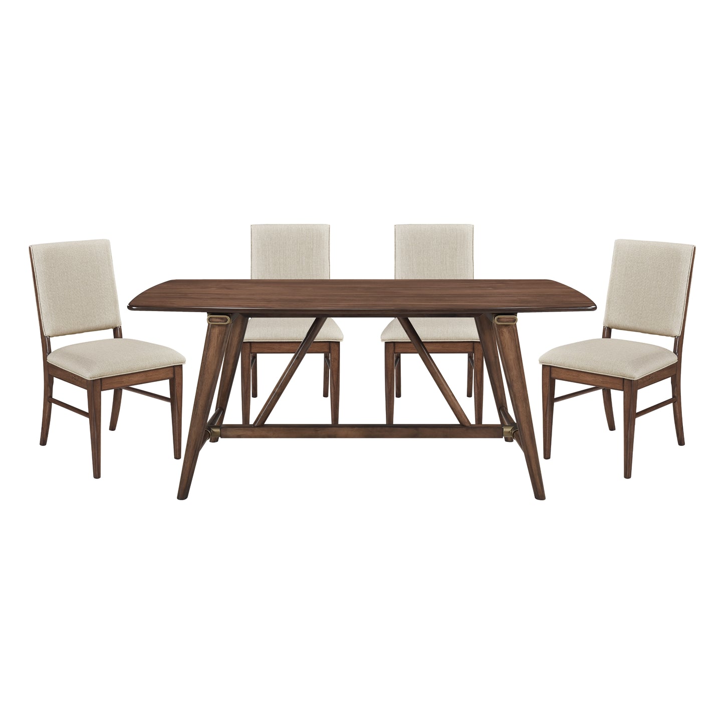 Dark wood dining table with cream upholstered chairs a modern farmhouse set