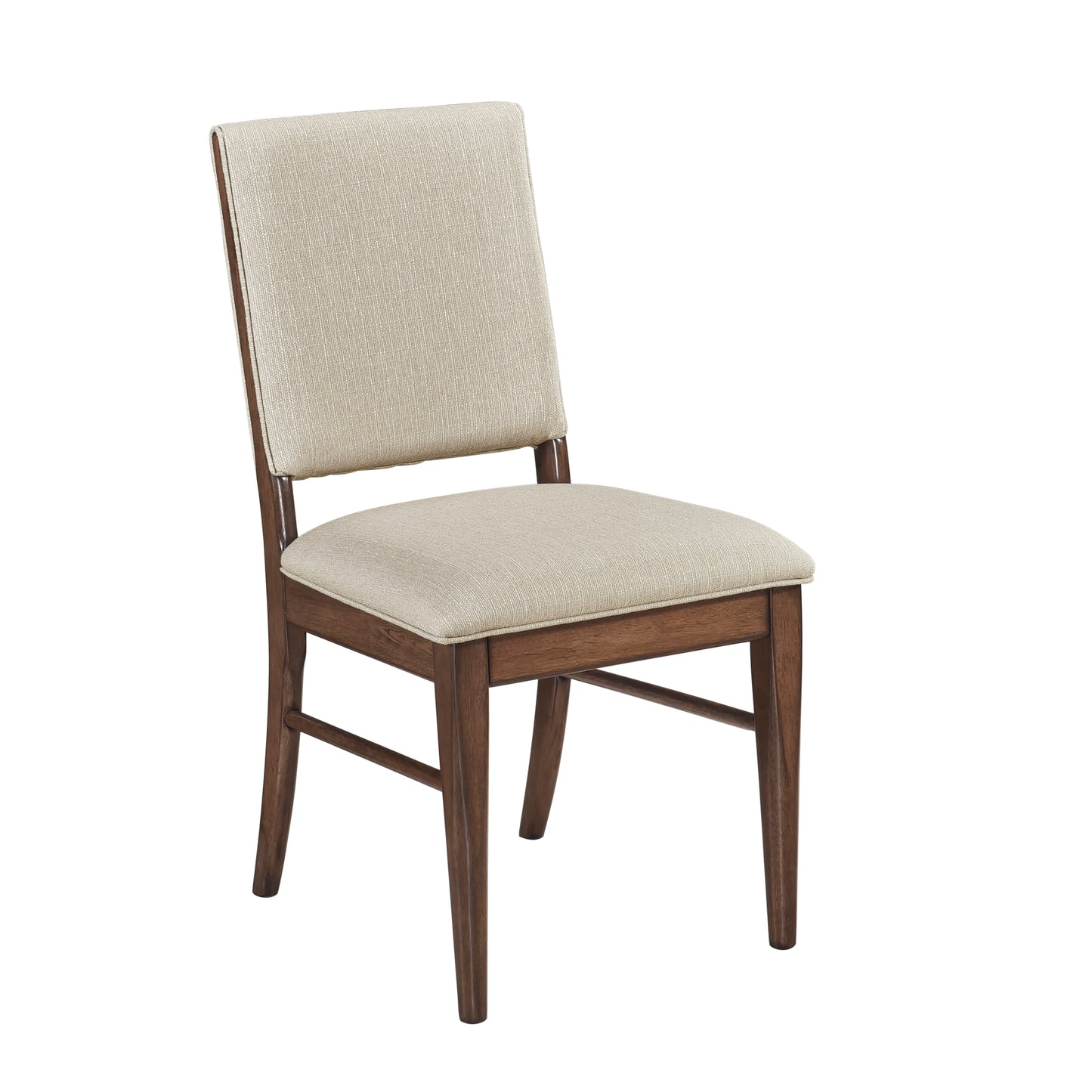 Upholstered dining chair with beige fabric seat and back wood frame