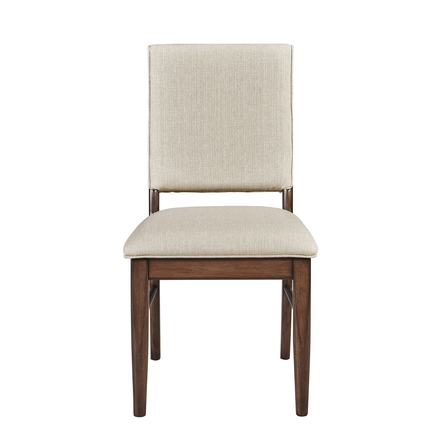 Neutral beige upholstered dining chair with dark wood frame