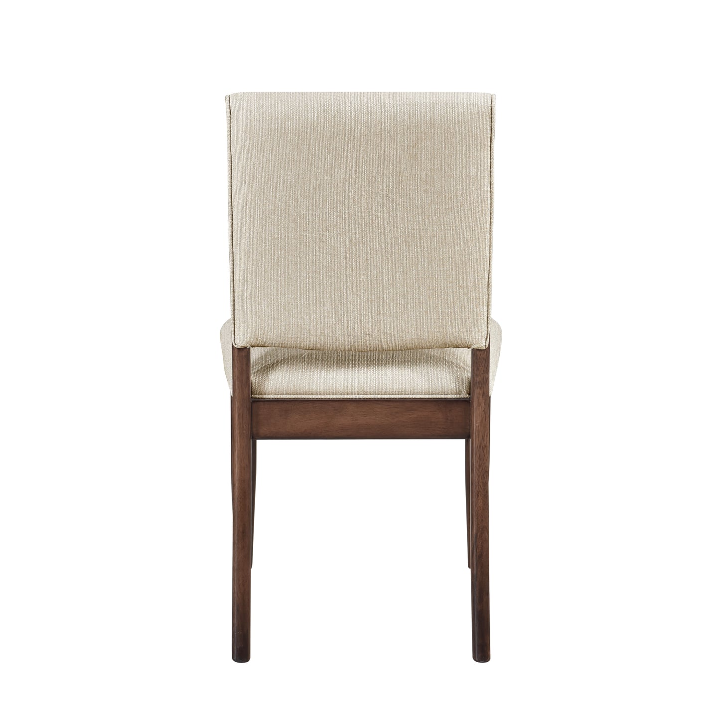 Back view of a neutral beige upholstered dining chair with dark wood legs