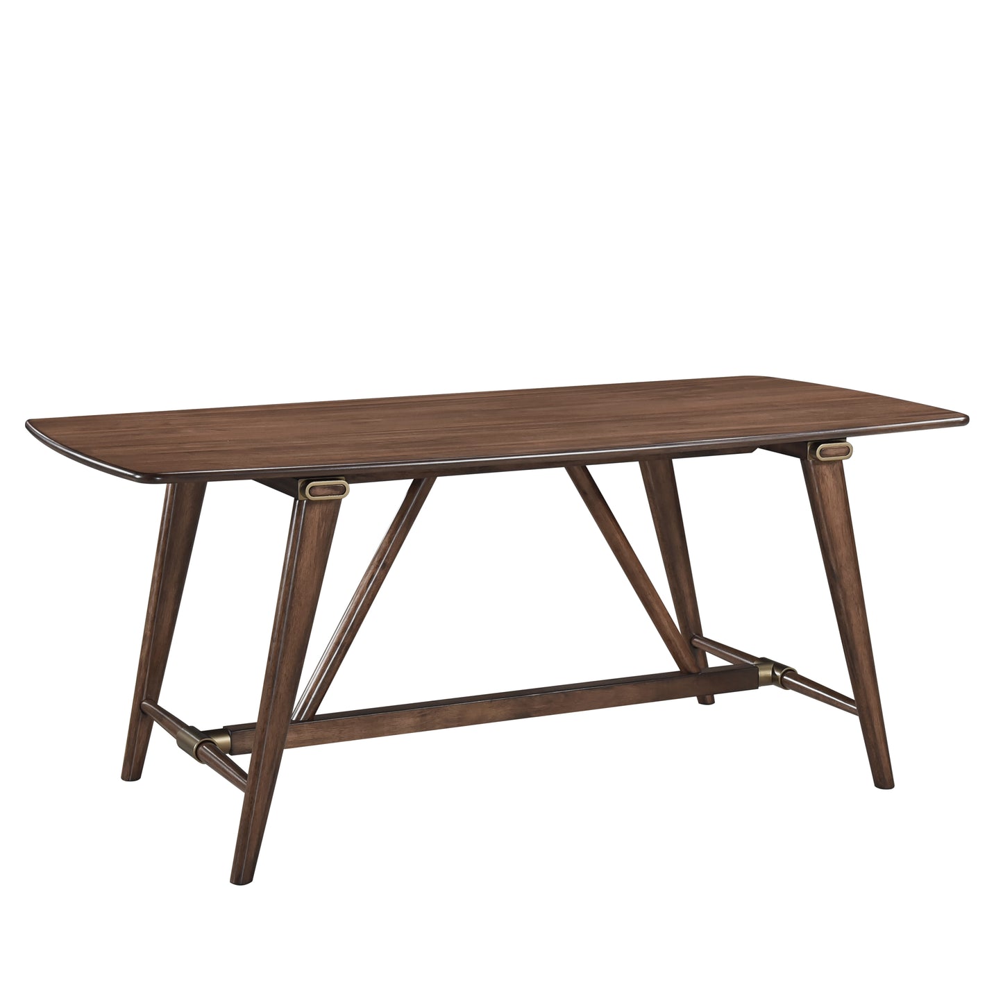 Midcentury modern dining table in dark walnut with angled legs and brass accents