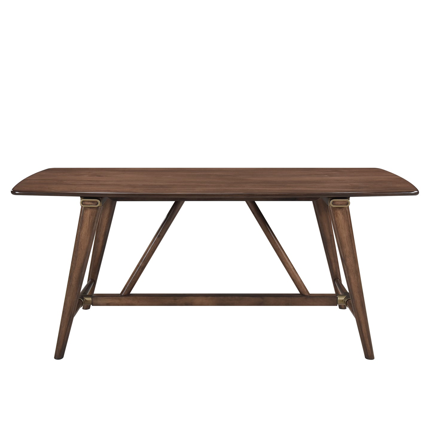 Midcentury modern walnut dining table with tapered legs and brass accents