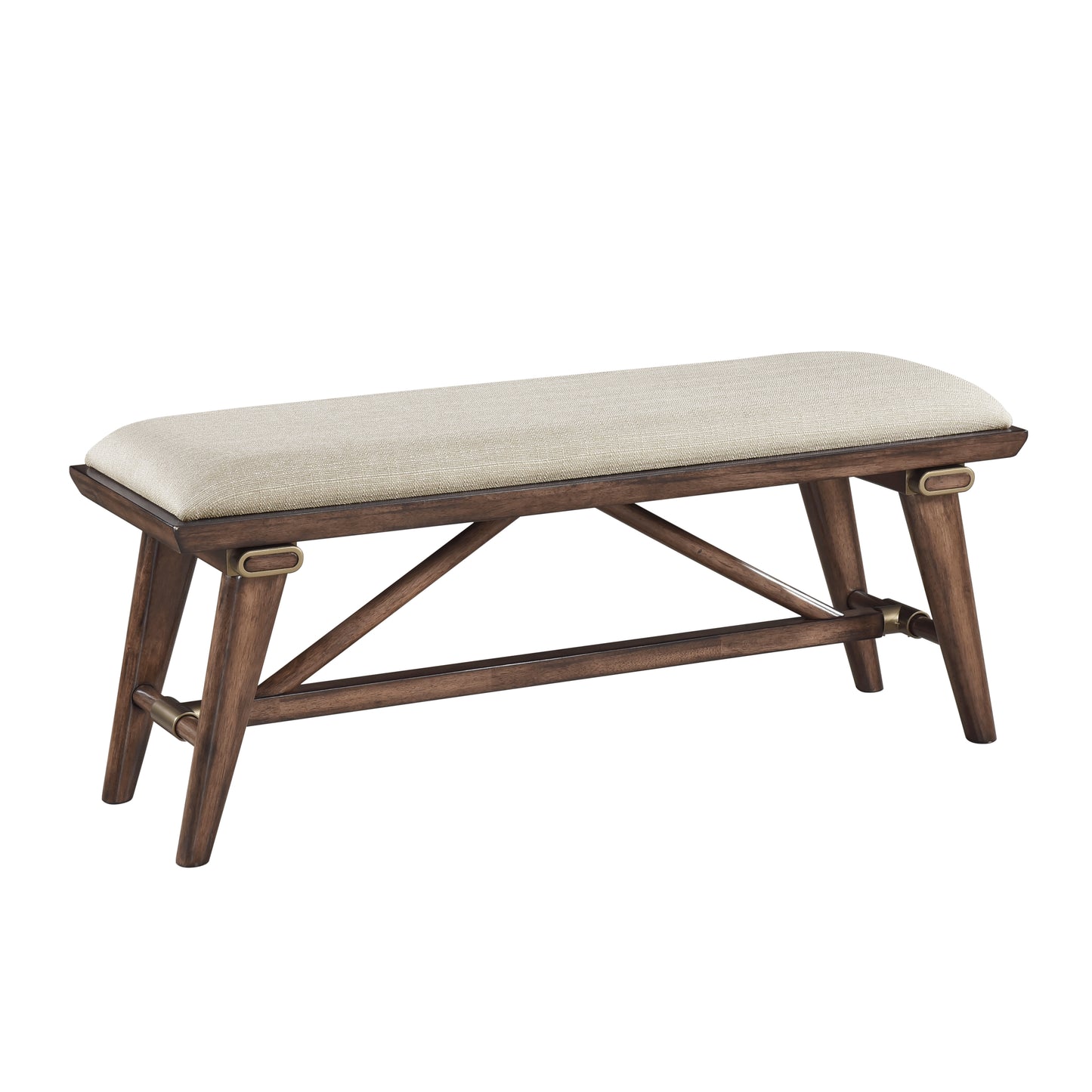 Dark wood bench with upholstered neutral fabric seat and brass accents