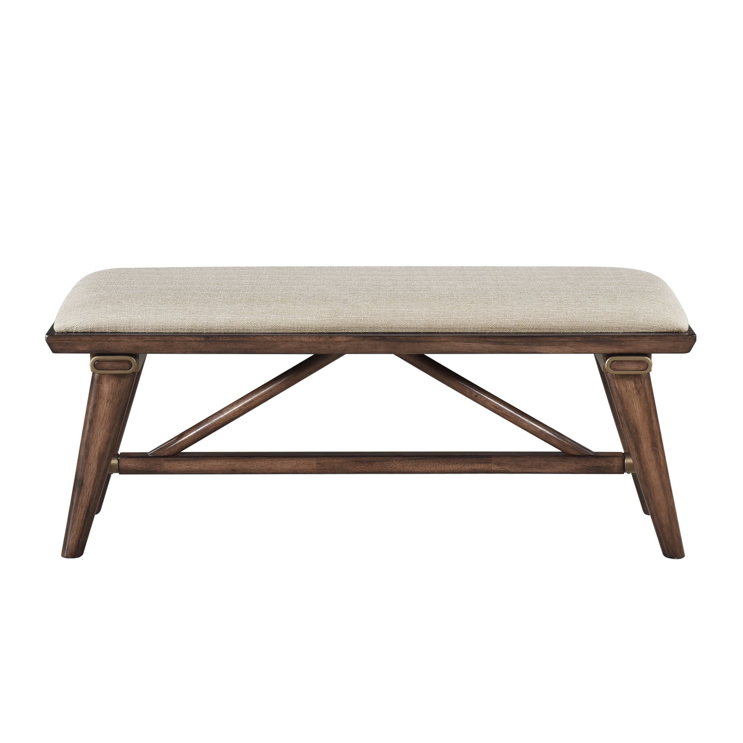 Modern dining bench with a natural linen upholstered seat and dark wood frame