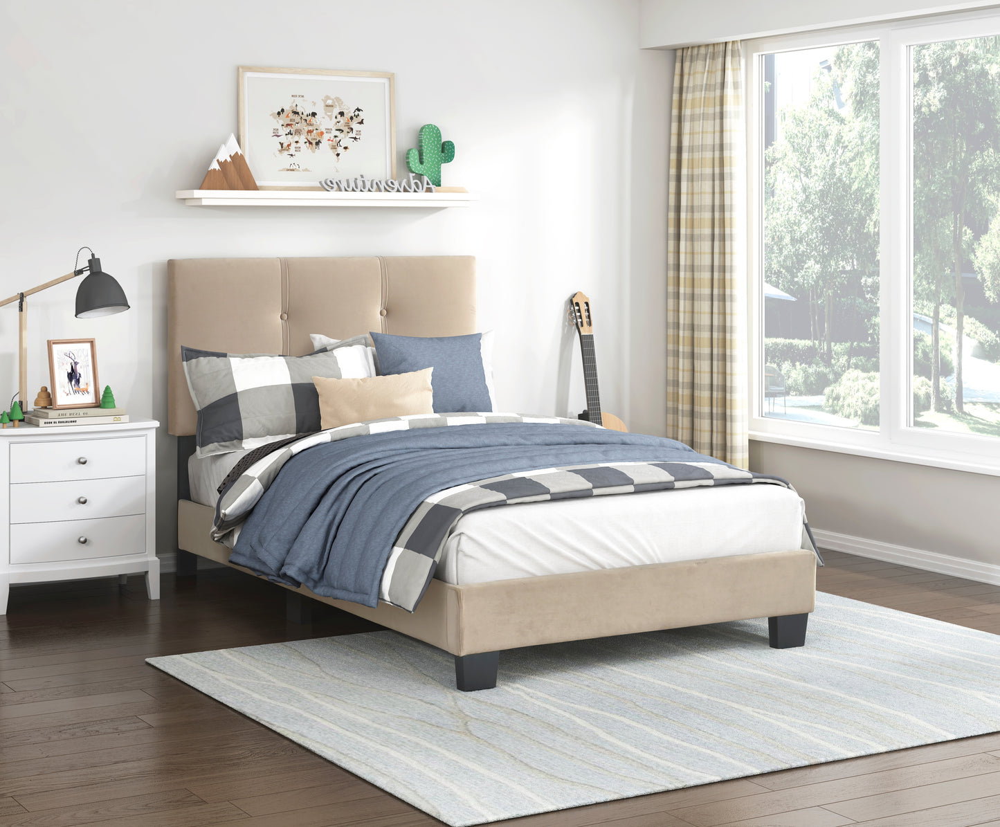 TREATLIFE HOME Twin Platform Bed with Adjustable Height Headboard, Light Brown Velvet Upholstered, Button Tufted, Solid Wood Bedroom Furniture