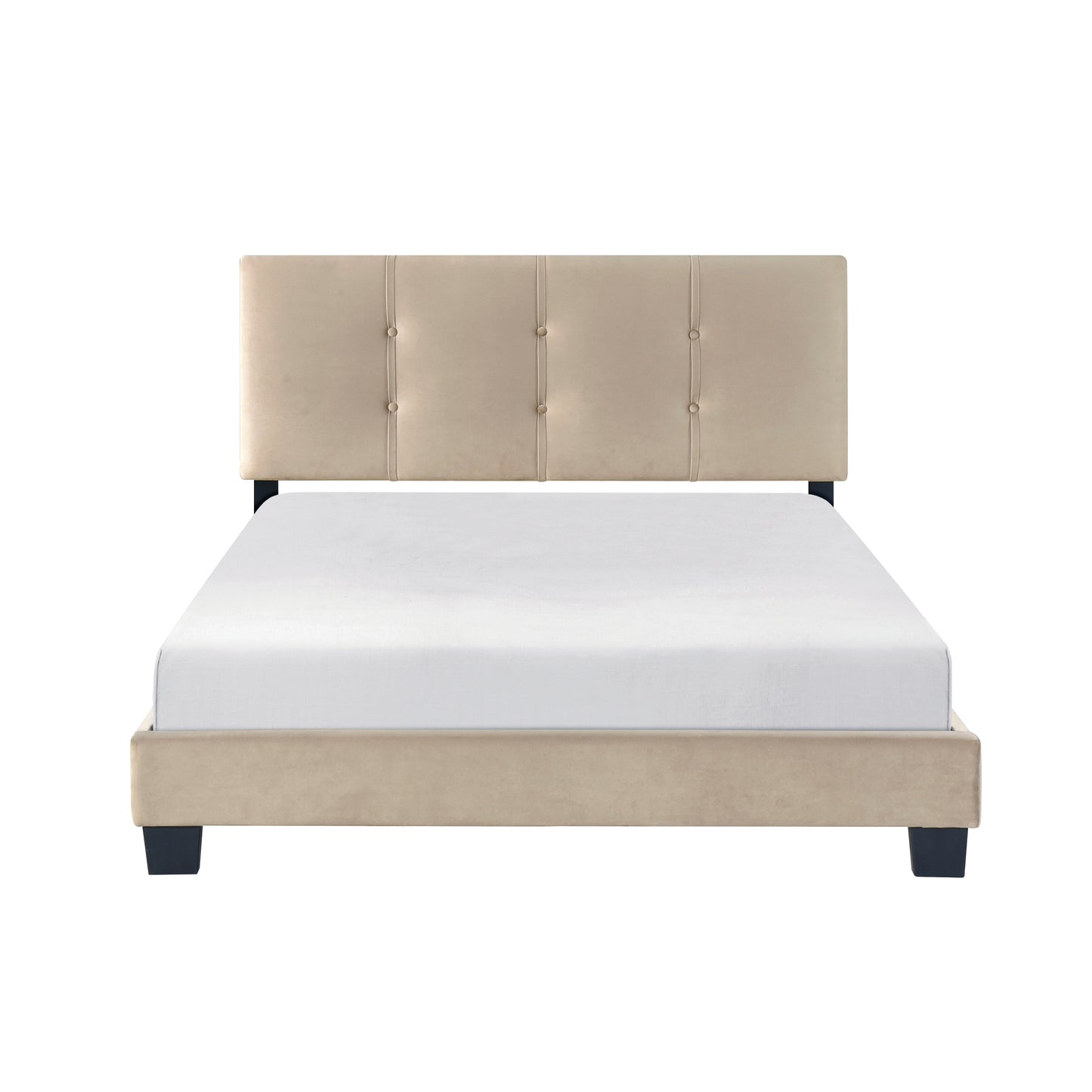 Tufted beige velvet bed frame with button accents and black legs