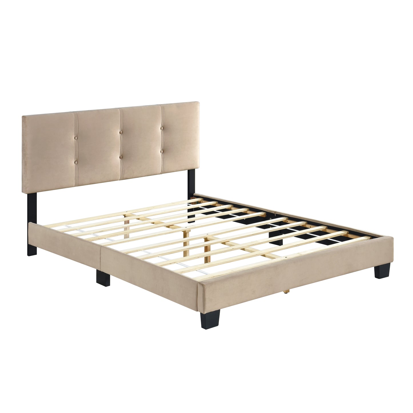 Beige upholstered platform bed frame with tufted headboard and wooden slats