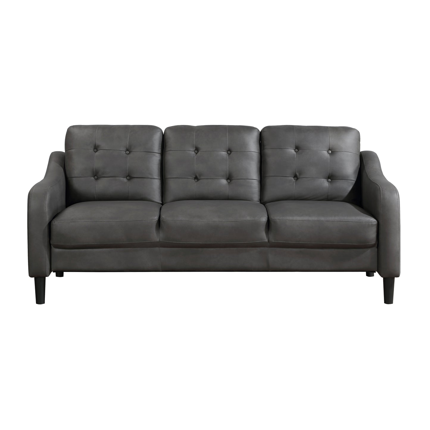 Dark grey tufted faux leather threeseater sofa with square arms and black legs