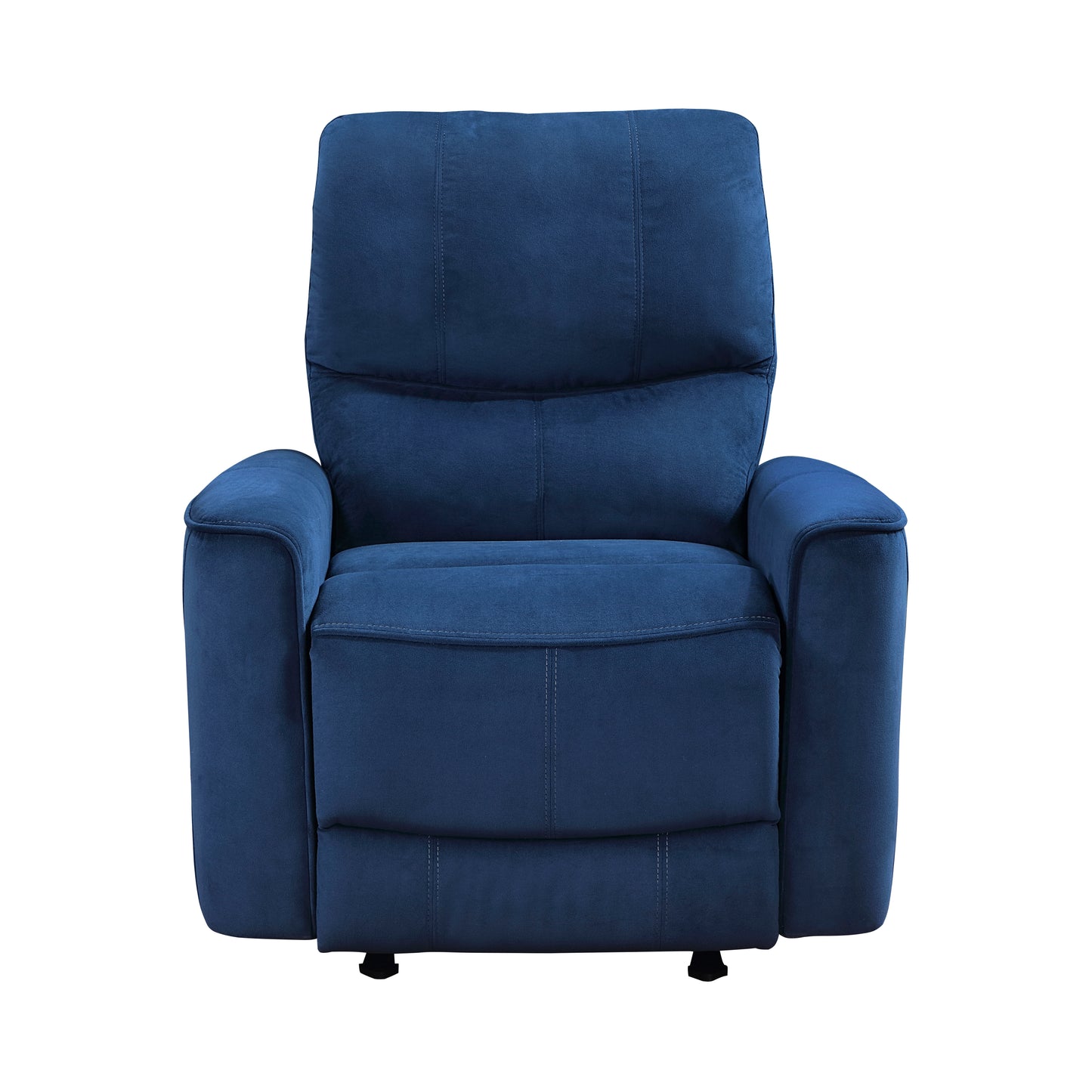 Deep blue velvet recliner chair with plush cushioning and stitched details for ultimate comfort