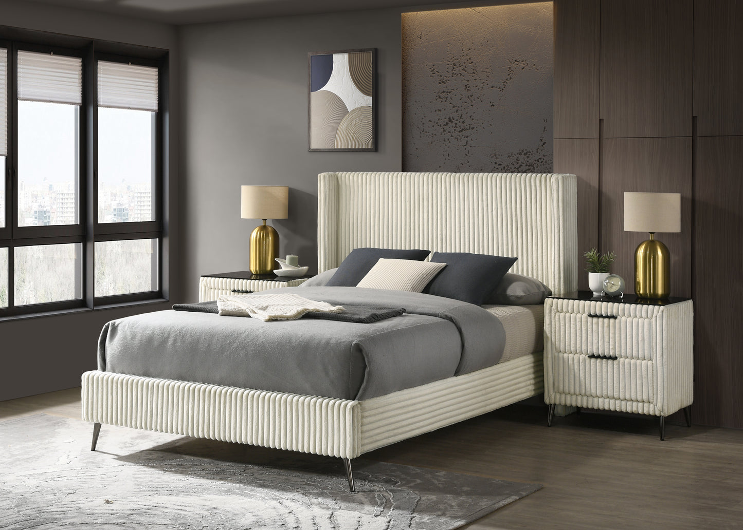 Cream upholstered platform bed with fluted headboard and footboard