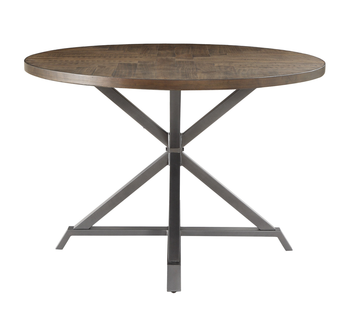 Round reclaimed wood dining table with industrial metal base