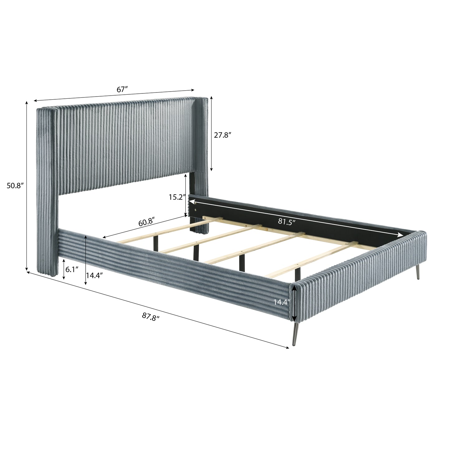 Grey velvet queen bed frame with fluted headboard and footboard