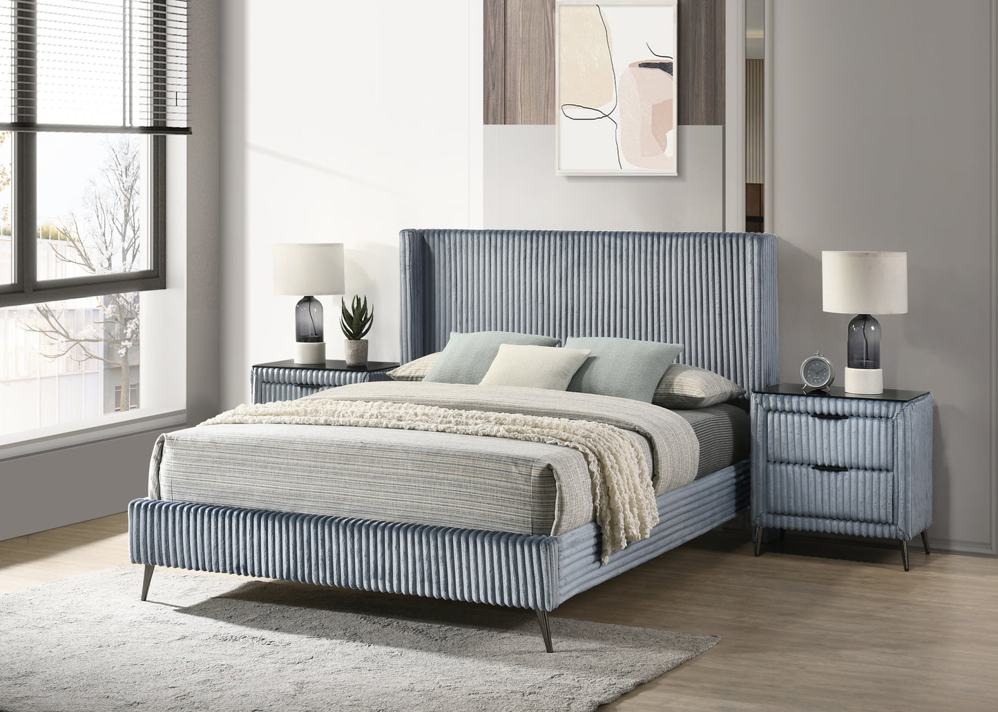 Blue velvet channel tufted king bed with modern nightstands