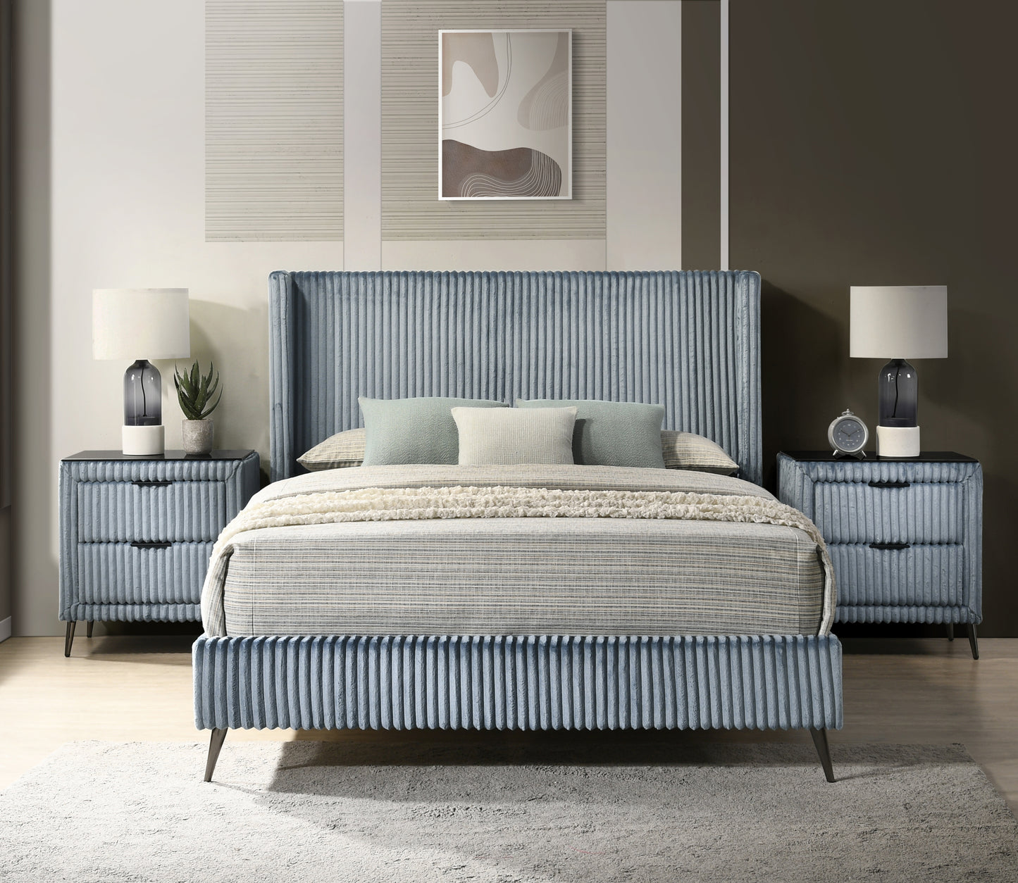 Sky blue corduroy king bed with fluted headboard and matching nightstands