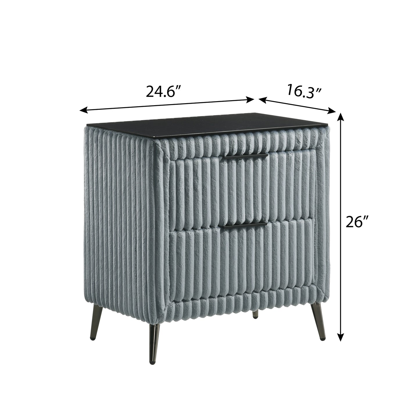 Gray plush nightstand with two drawers and gold legs
