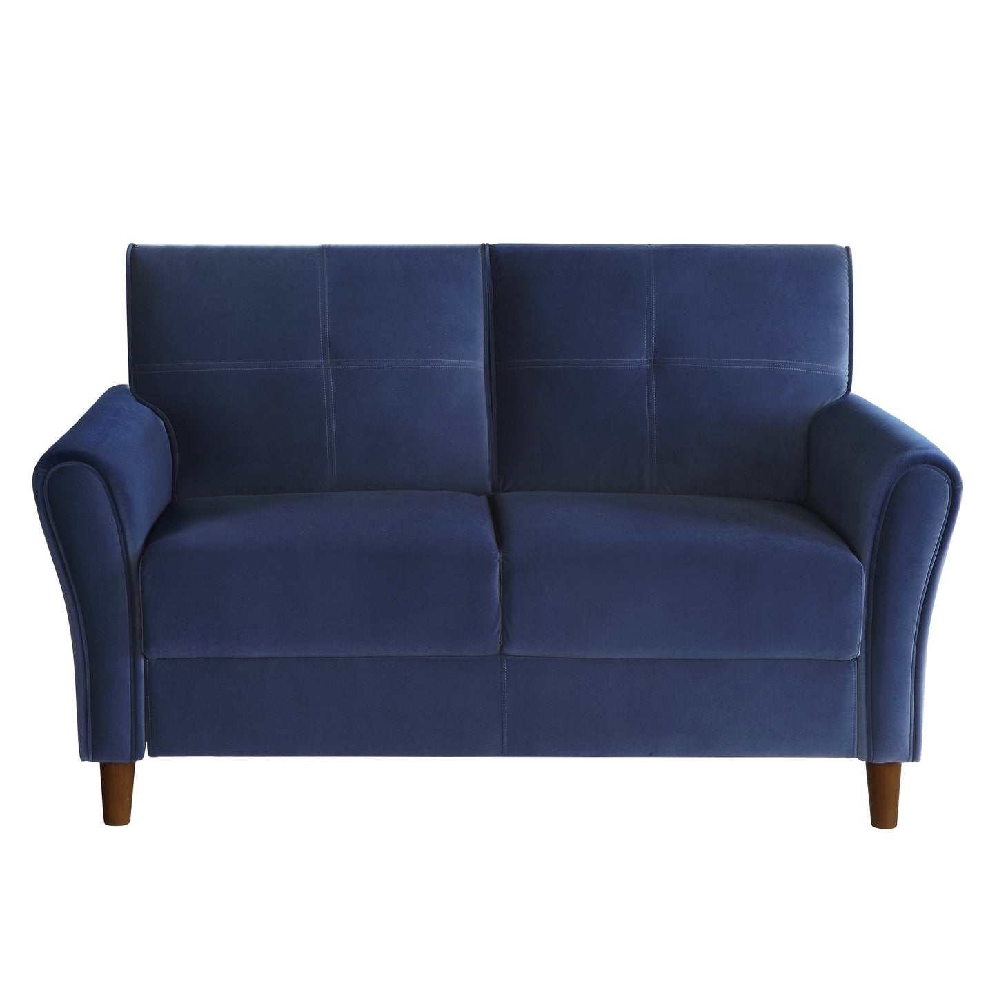 Dark blue velvet twoseater sofa with channeled back cushions and tapered wooden legs