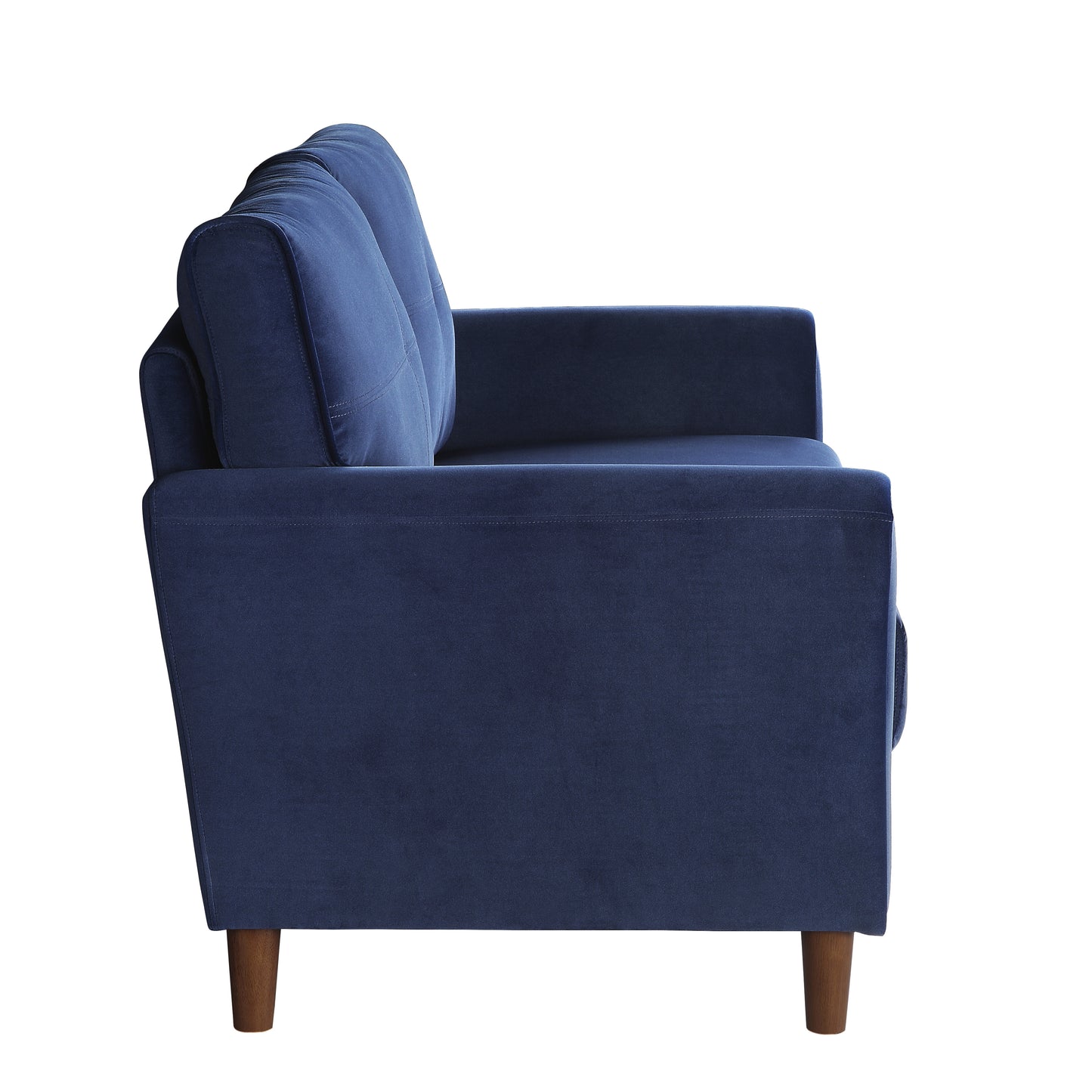 Deep blue velvet sofa with tufted back cushions and tapered wooden legs