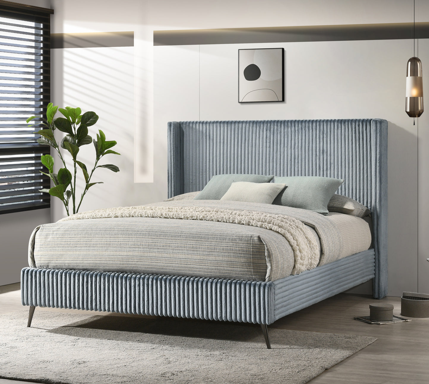 Plush blue velvet king bed frame with channel tufting and elegant modern design