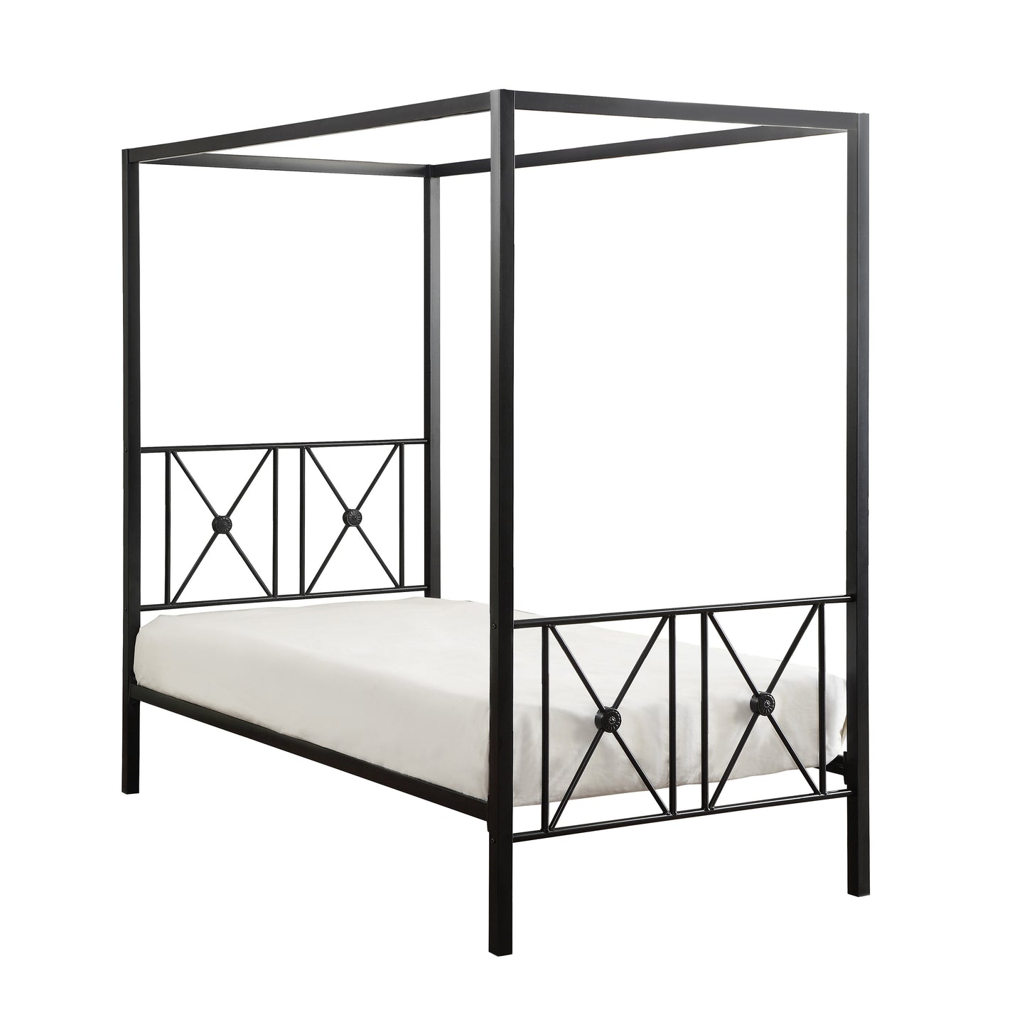 Black metal canopy bed frame with decorative scrollwork on headboard and footboard