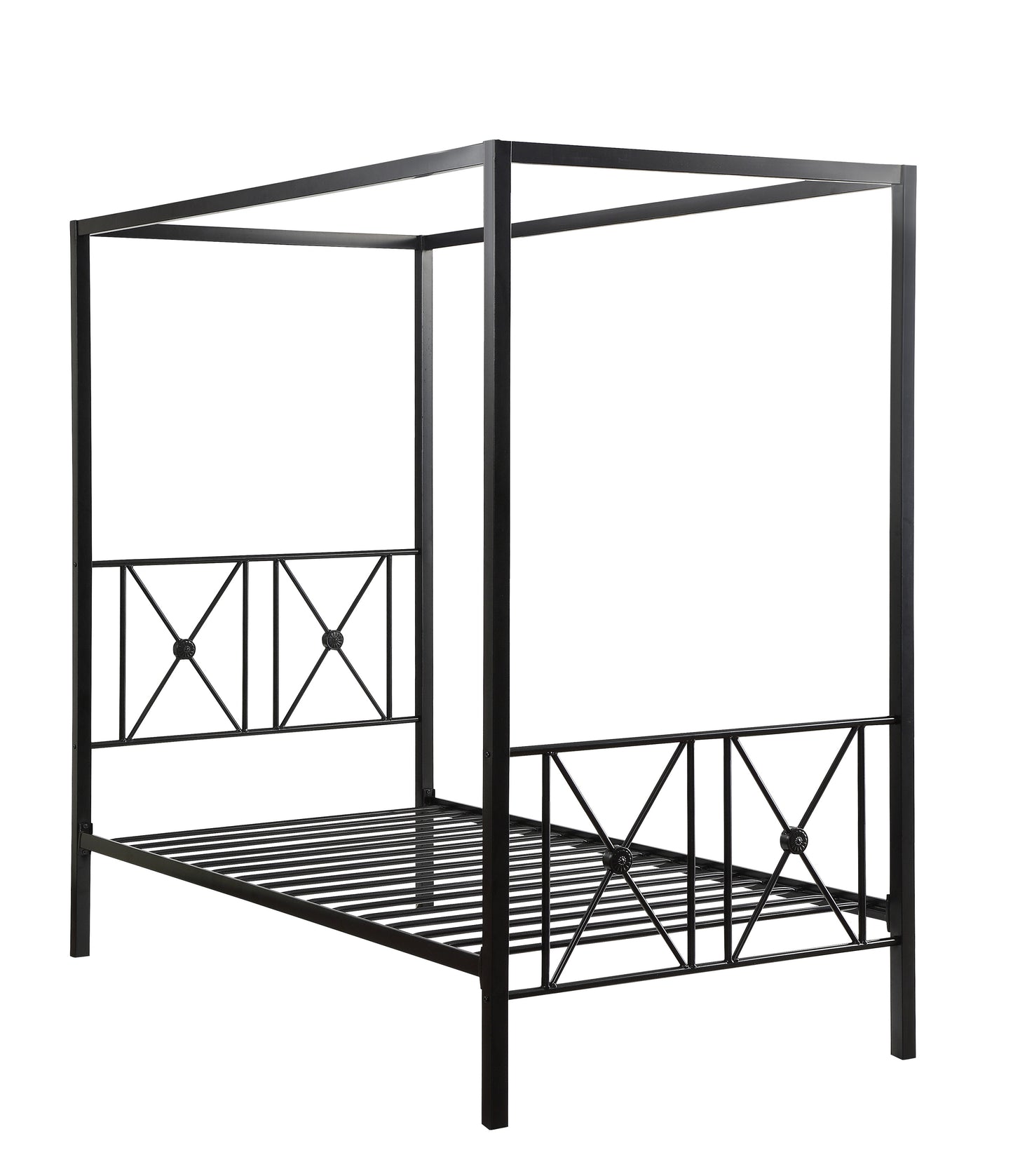 Black metal canopy bed frame with decorative headboard details