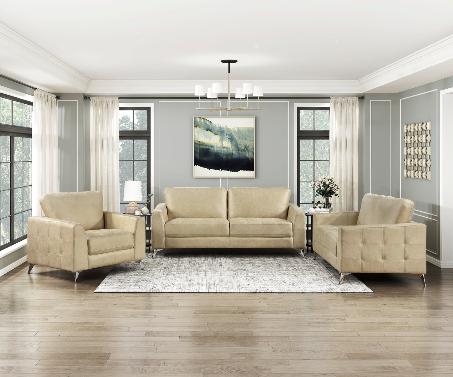 Beige leather sofa with tufted detailing and chrome legs perfect for a modern living room