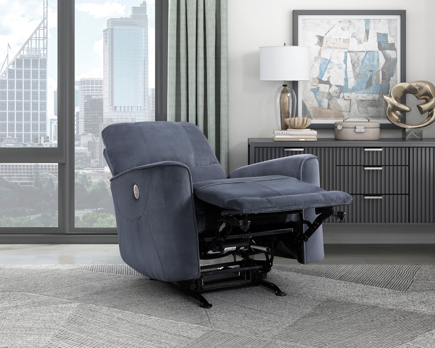 Dark grey fabric power recliner with extended footrest and media console