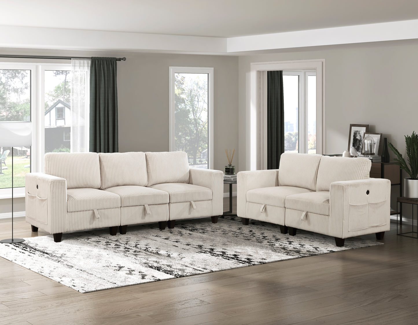 Cream corduroy sofa set with a contemporary design featuring side storage pockets for modern living rooms