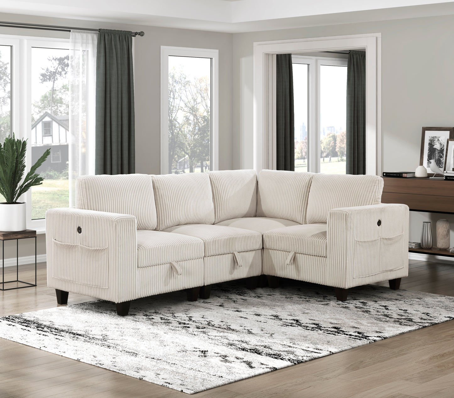 Cream corduroy sectional sofa with storage pockets and dark wood legs