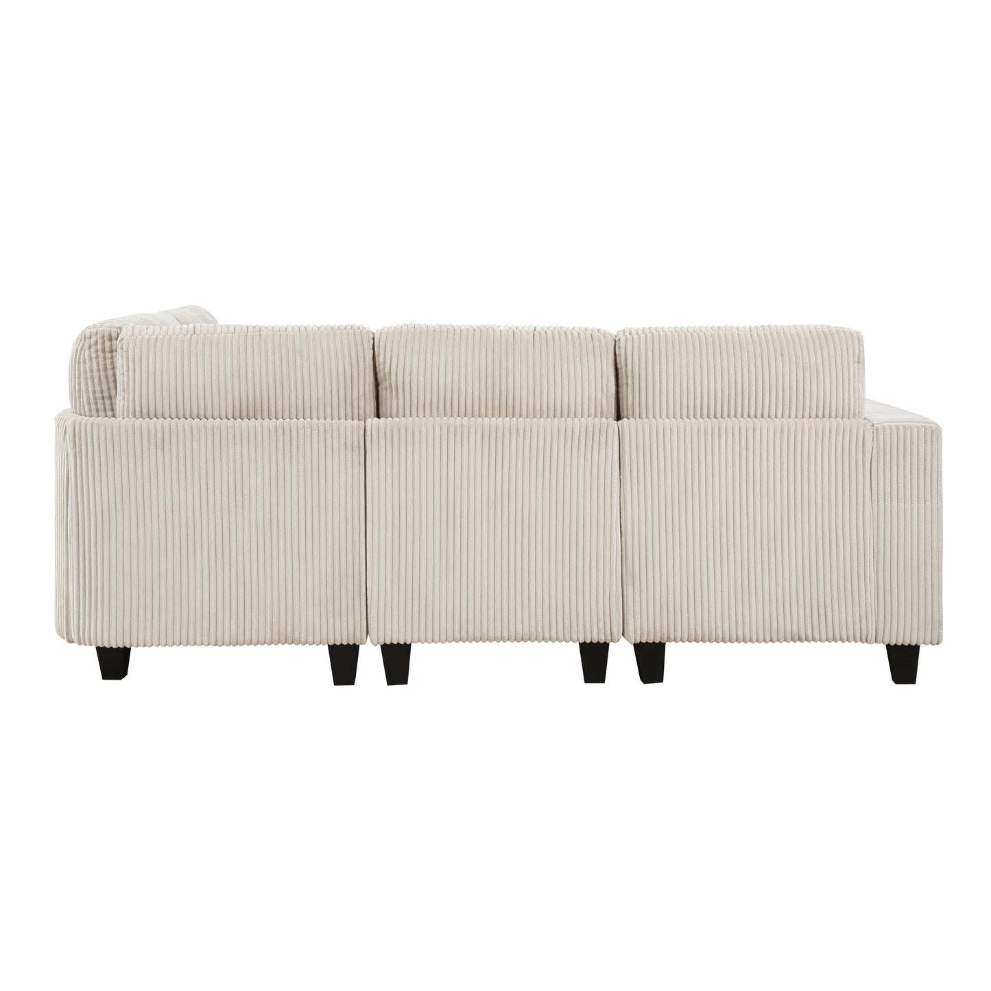 Cream corduroy sectional sofa with plush back cushions and black tapered legs