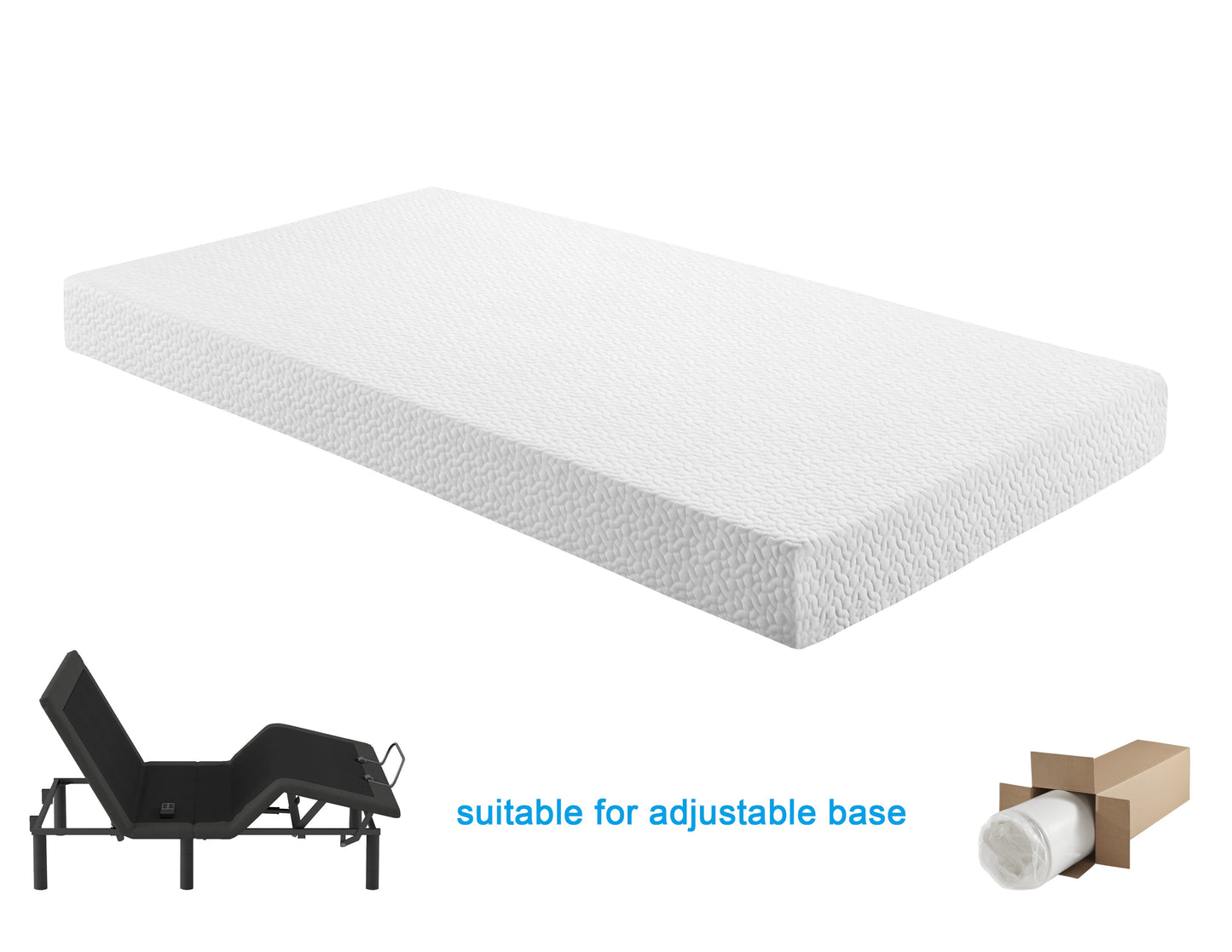 White textured foam mattress on an adjustable base suitable for all sleep positions