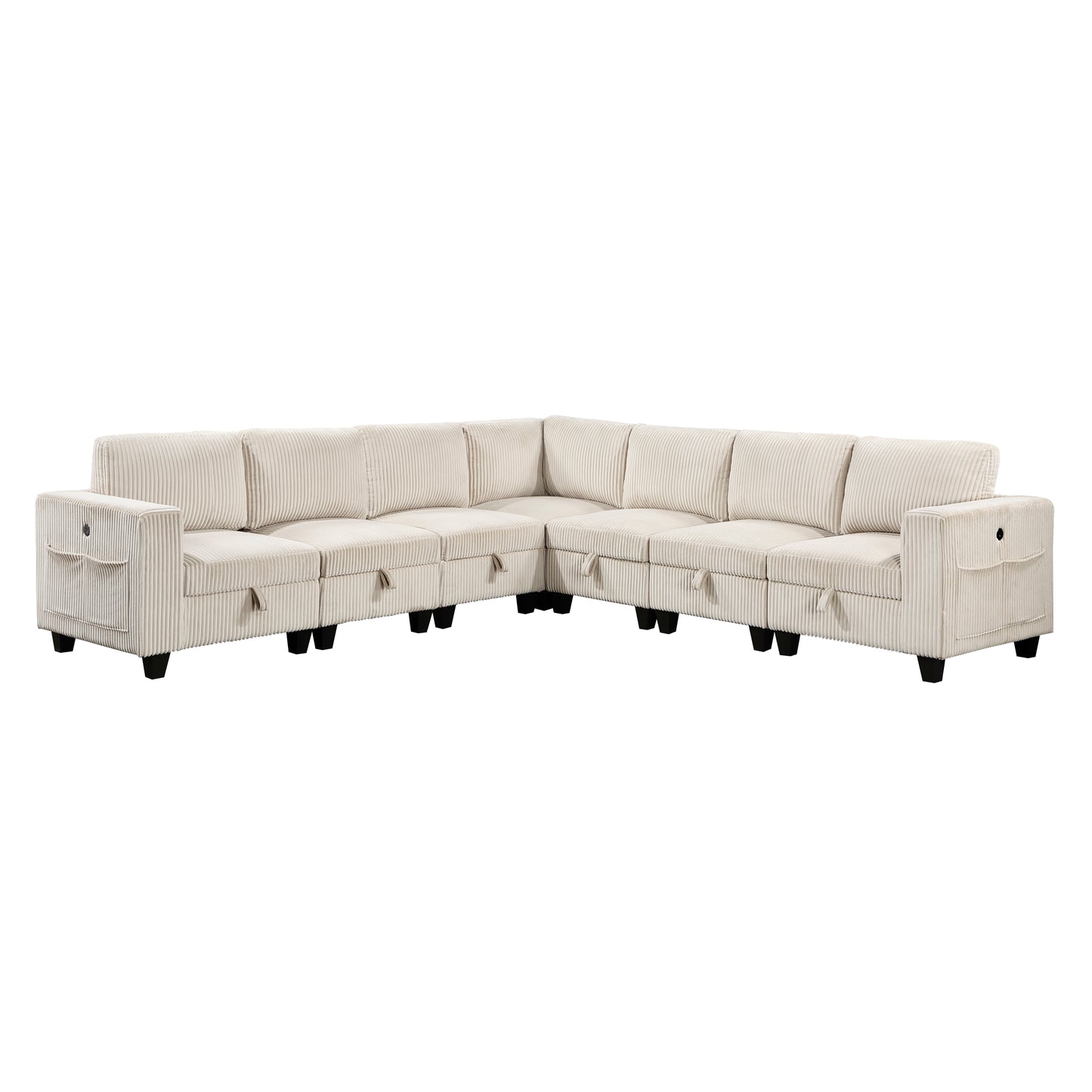Cream corduroy sectional sofa with plush cushions and convenient storage compartments