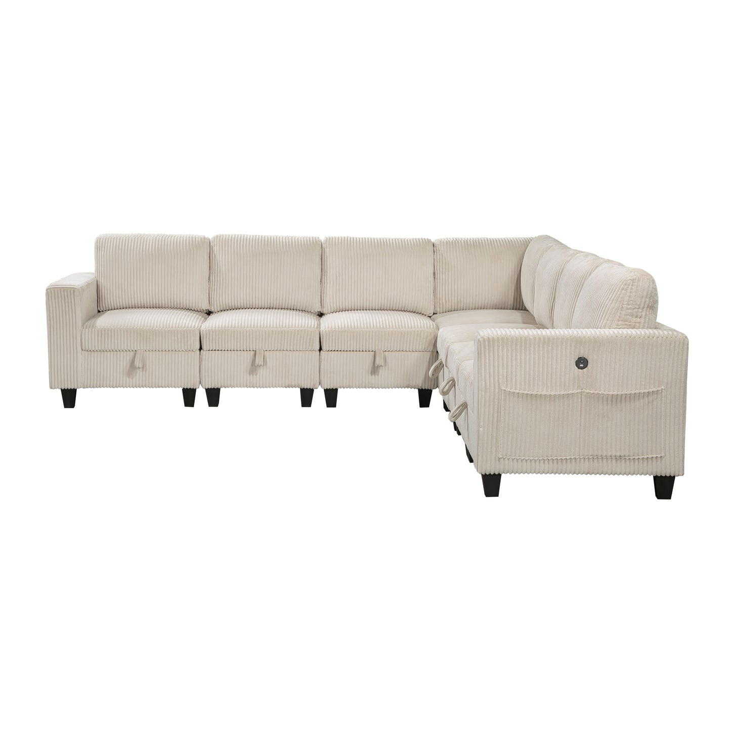 Cream corduroy sectional sofa with storage compartments and modern black legs