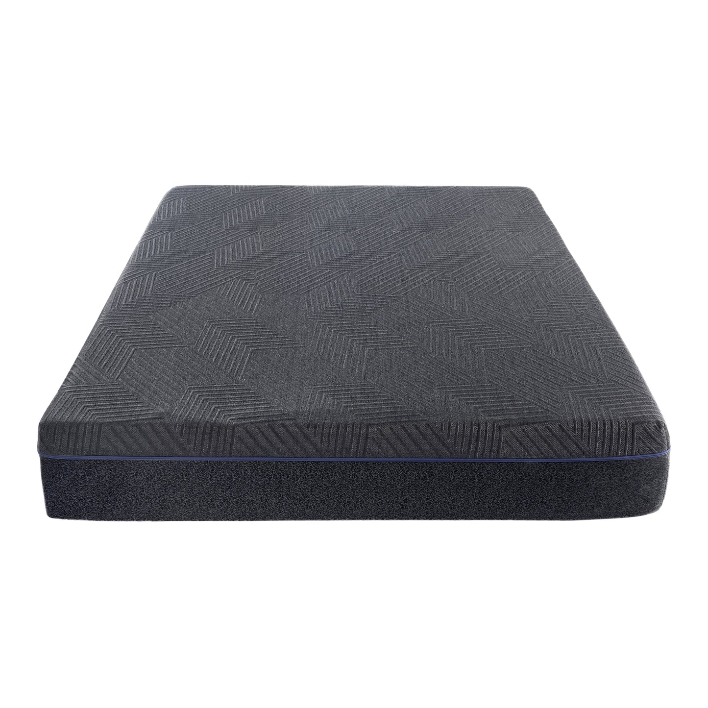 Dark gray upholstered mattress with a geometric pattern on top and a blue stripe