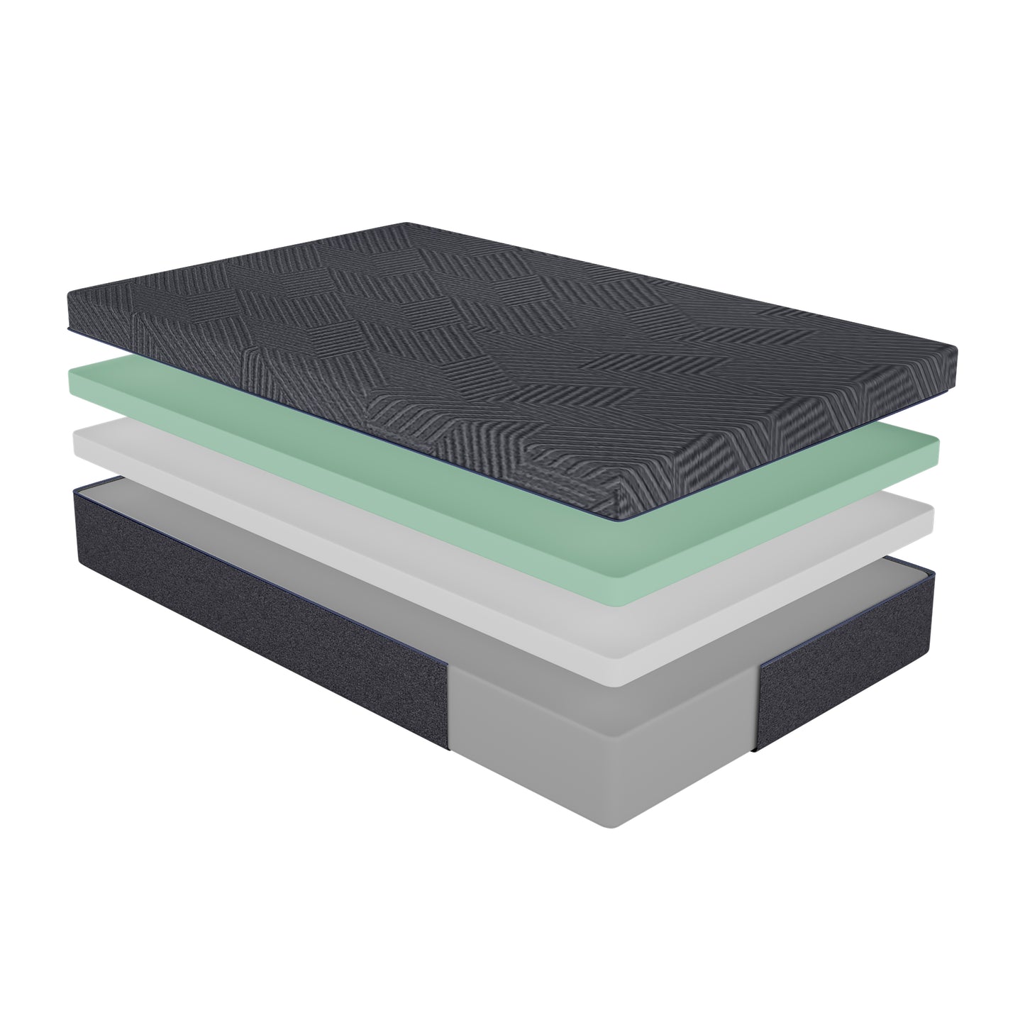 Exploded view of a queen size mattress with dark grey textured cover and cooling gel foam layers