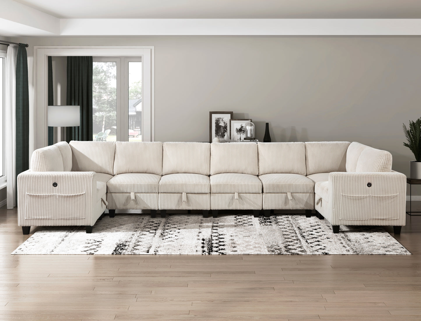 Cream corduroy sectional sofa with deep seats and ample lounging space