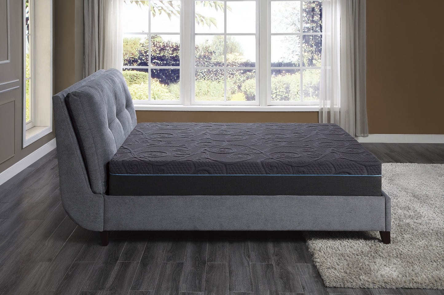 Dark gray upholstered bed frame with a grey tufted headboard featuring a plush mattress