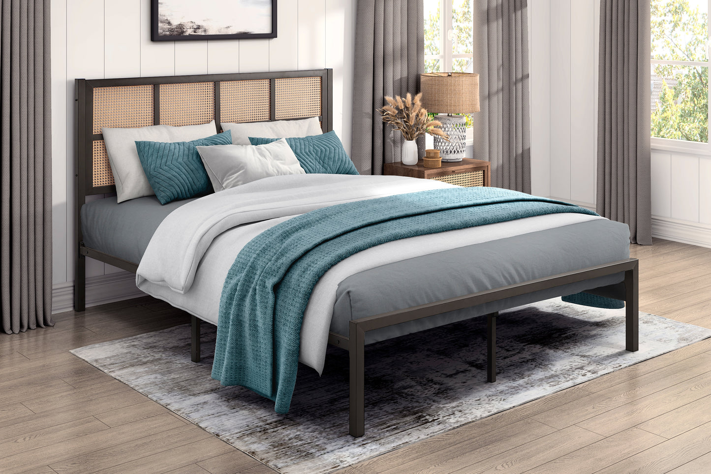 Dark metal platform bed frame with woven rattan headboard and teal accents